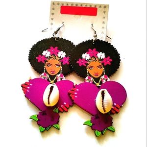 NEW Hand-painted Wood Earrings Featuring Cowries! 3". Handcrafted Items. Purple